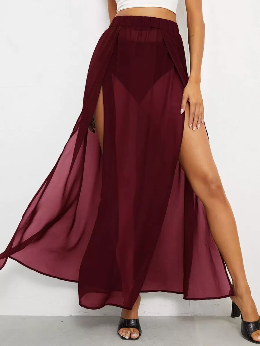SHEIN VCAY High Split Sheer Chiffon Skirt - Burgundy - View 1