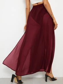 SHEIN VCAY High Split Sheer Chiffon Skirt - Burgundy - View 2