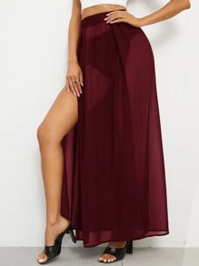 SHEIN VCAY High Split Sheer Chiffon Skirt - Burgundy - View 3