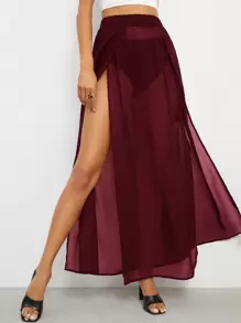 SHEIN VCAY High Split Sheer Chiffon Skirt - Burgundy - View 4