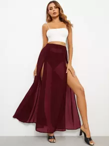 SHEIN VCAY High Split Sheer Chiffon Skirt - Burgundy - View 5
