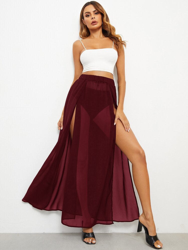 SHEIN VCAY High Split Sheer Chiffon Skirt - Burgundy - View 5