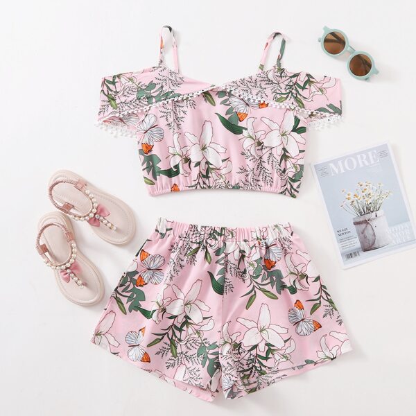 

Girls Cold Shoulder Lace Trim Floral Top & Shorts Set, Pink