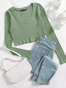 Muchica Áo thun Gân đan màu trơn Giải trí - Màu xanh Bạc hà - Xem 1