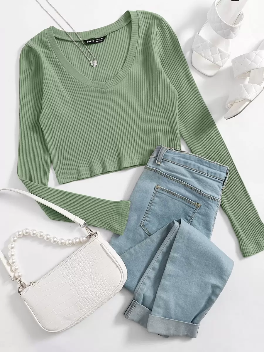 Muchica Áo thun Gân đan màu trơn Giải trí - Màu xanh Bạc hà - Xem 1