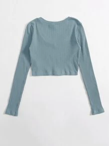 SHEIN EZwear V領羅紋針織短版上衣 - 青碧色 - 查看 2