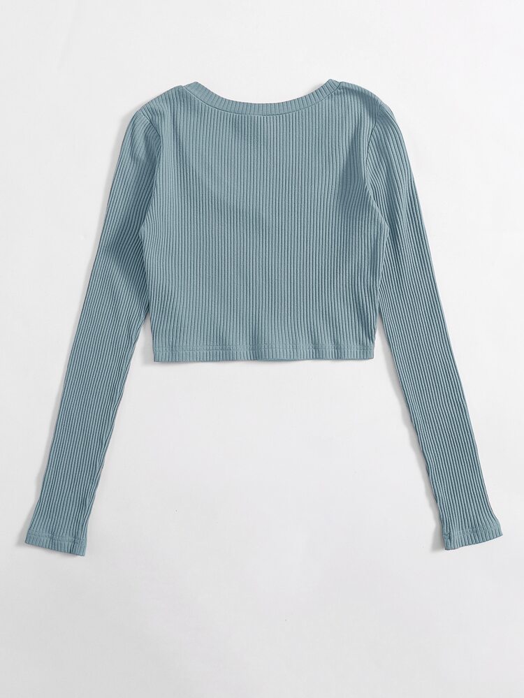 SHEIN EZwear V Neck Rib-knit Crop Top - Cadet Blue - View 2