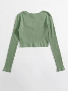 Muchica Áo thun Gân đan màu trơn Giải trí - Màu xanh Bạc hà - Xem 2