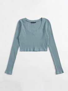 SHEIN EZwear V領羅紋針織短版上衣 - 青碧色 - 查看 3