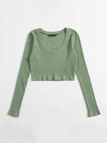 Muchica Áo thun Gân đan màu trơn Giải trí - Màu xanh Bạc hà - Xem 3