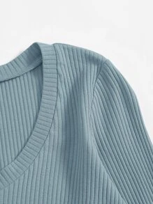 SHEIN EZwear V領羅紋針織短版上衣 - 青碧色 - 查看 4