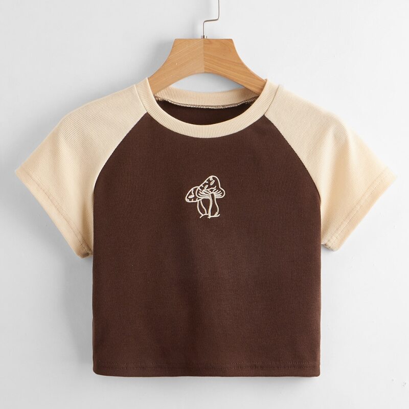 

Mushroom Embroidery Colorblock Ribbed Tee, Multicolor