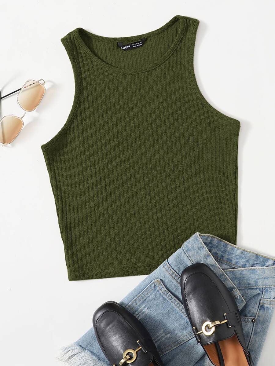 Muchica Solid Rib-knit Tank Top - Army Green - View 1