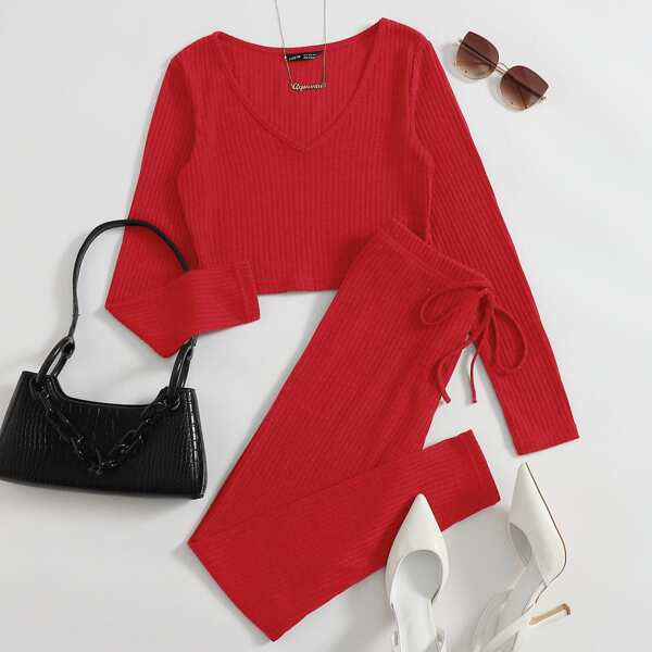 

V Neck Solid Top & Knot Front Leggings Set, Red