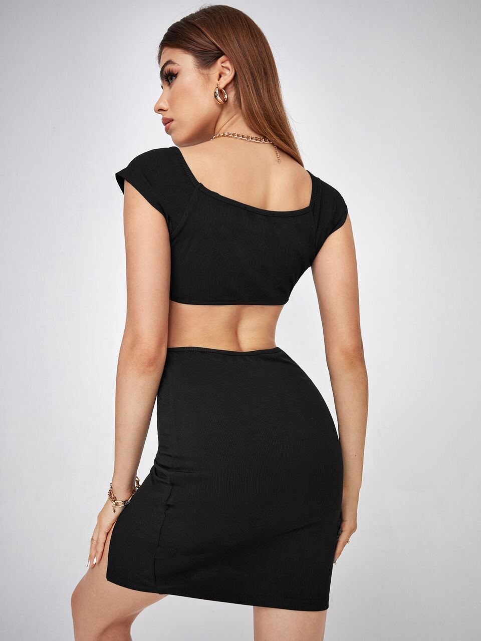 Ruched Bust Cutout Waist Split Hem Dress