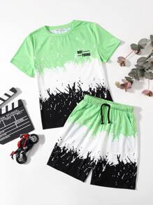 SHEIN Boys Letter Graphic Colourblock Tee And Shorts Set - Green - View 1
