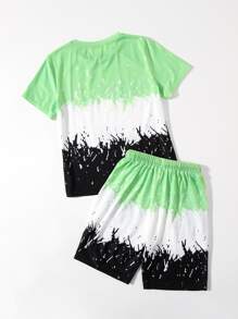 SHEIN Boys Letter Graphic Colourblock Tee And Shorts Set - Green - View 2