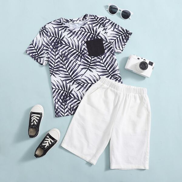 

Boys Tropical Print Tee And Shorts Set, Blue and white