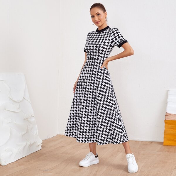 

Contrast Trim Houndstooth Dress, Black and white