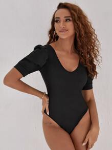 Puff Sleeve One Piece Swimsuit - Black - View 1