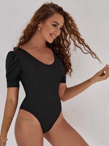 Puff Sleeve One Piece Swimsuit - Black - View 3