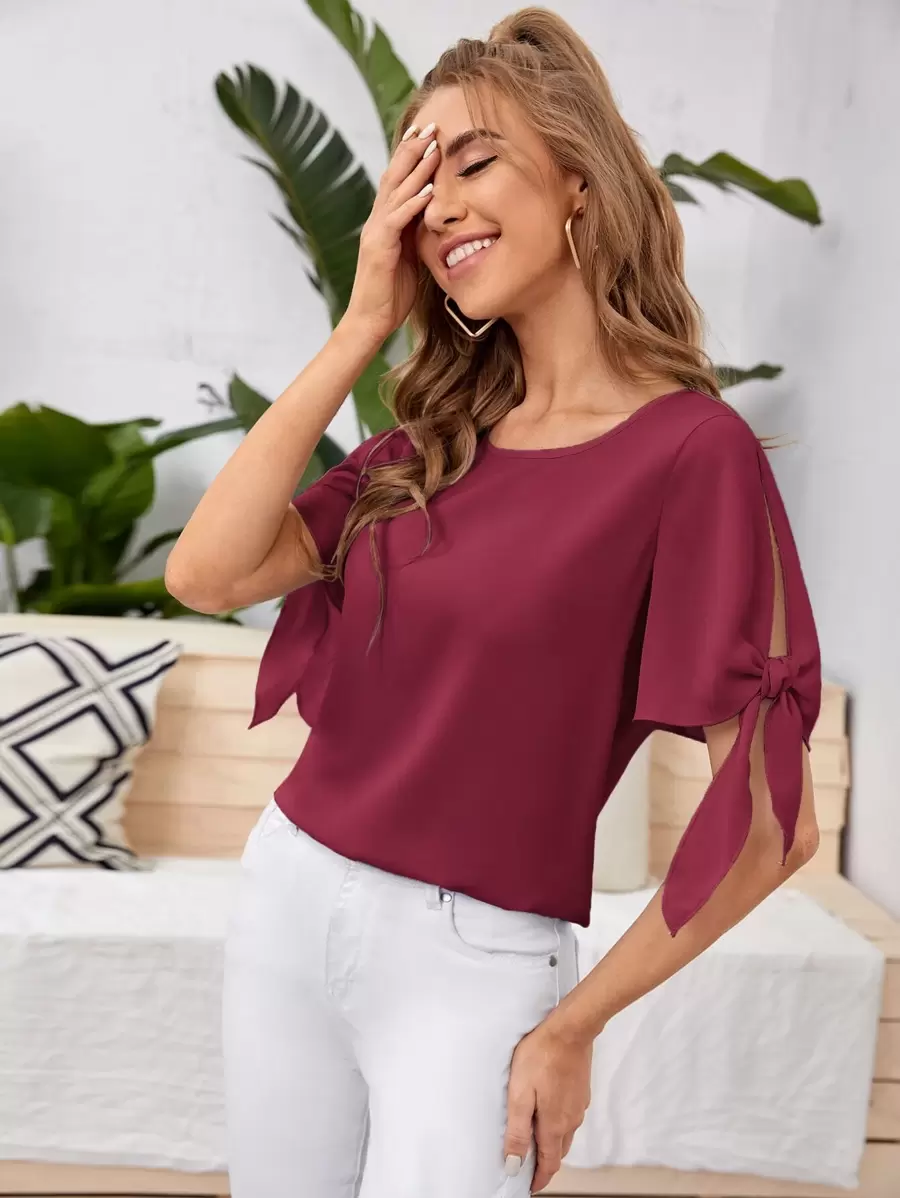 SHEIN Privé Knot Cuff Solid Blouse,Short Sleeve Tops - Maroon - View 1