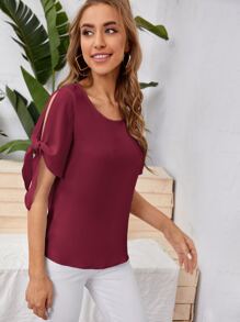 SHEIN Privé Knot Cuff Solid Blouse,Short Sleeve Tops - Maroon - View 3