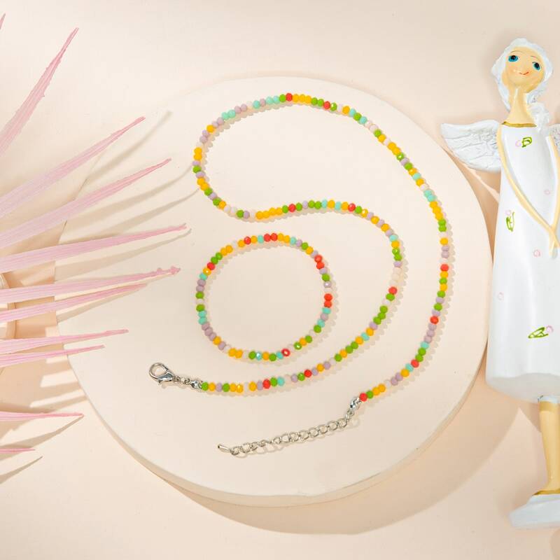 

1pc Colorful Beaded Necklace & 1pc Bracelet, Multicolor