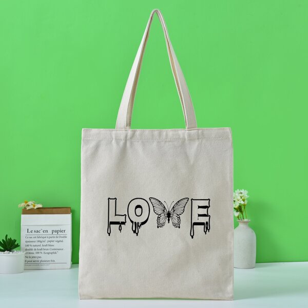 

Letter & Butterfly Graphic Shopper Bag, Beige