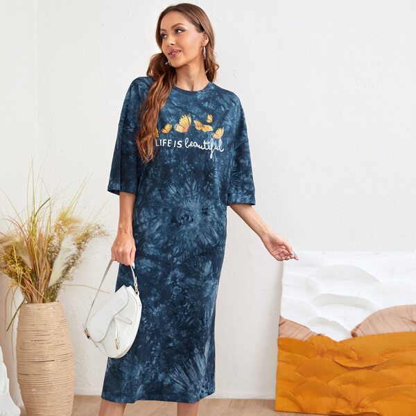 

Butterfly & Slogan Graphic Tie Dye Dress, Dusty blue