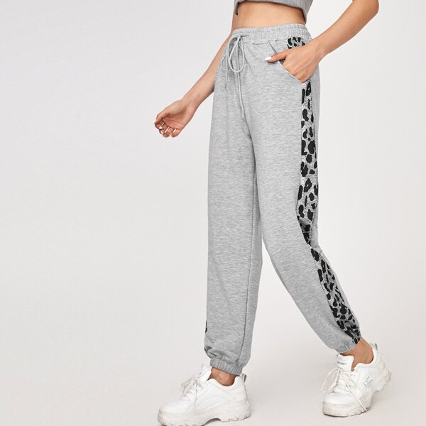 

Side Leopard Print Drawstring Waist Sweatpants, Light grey