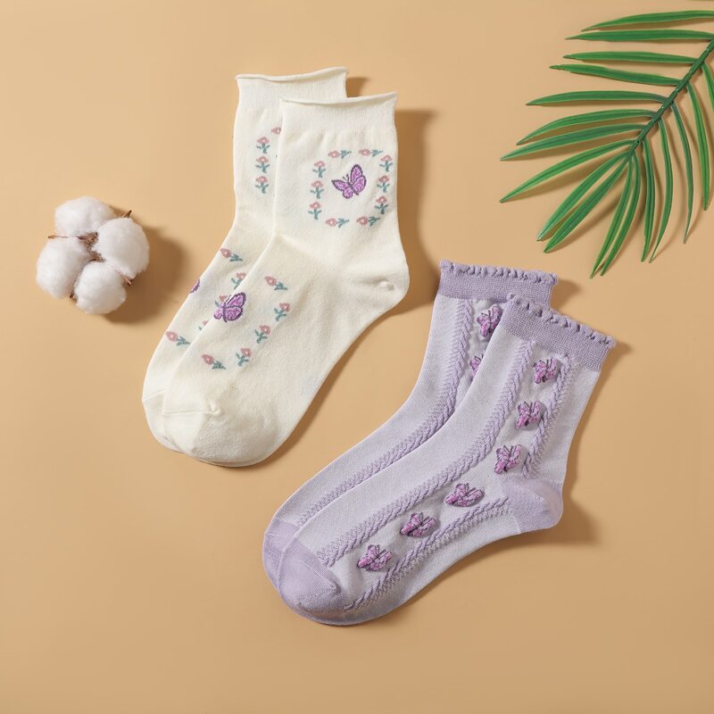 

2pairs Butterfly Graphic Crew Socks, Multicolor