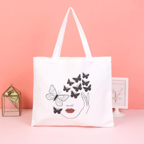 

Butterfly & Figure Graphic Shopper Bag, White