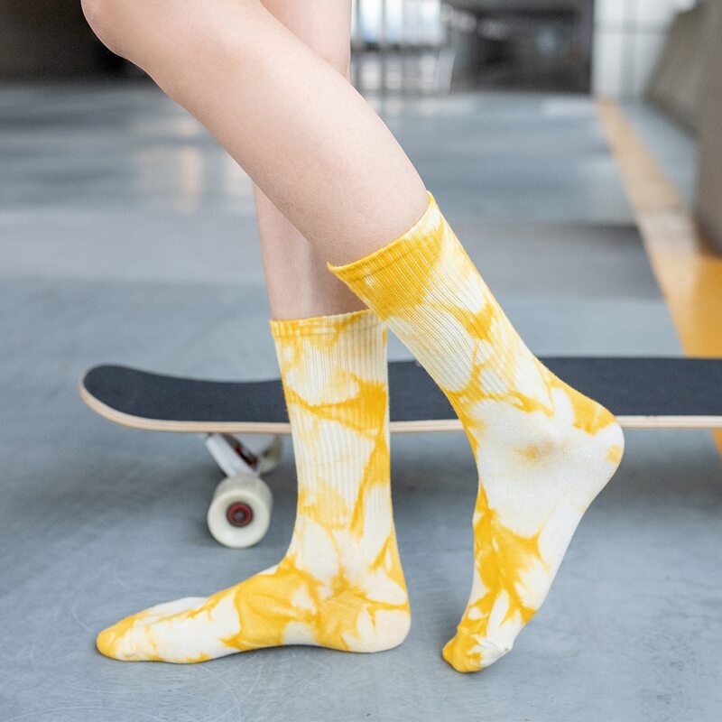 

1pair Tie Dye Crew Socks, Yellow