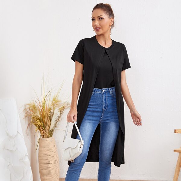 

Slit Front Asymmetrical Hem Tee, Black