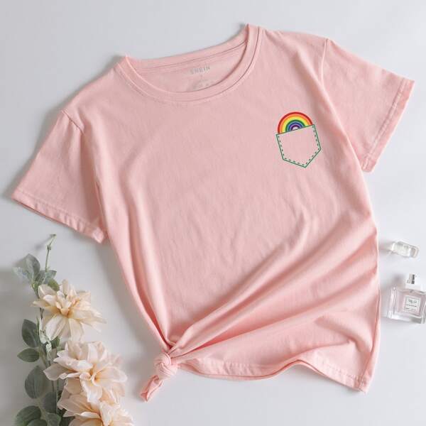 

Rainbow Print Round Neck Tee, Baby pink