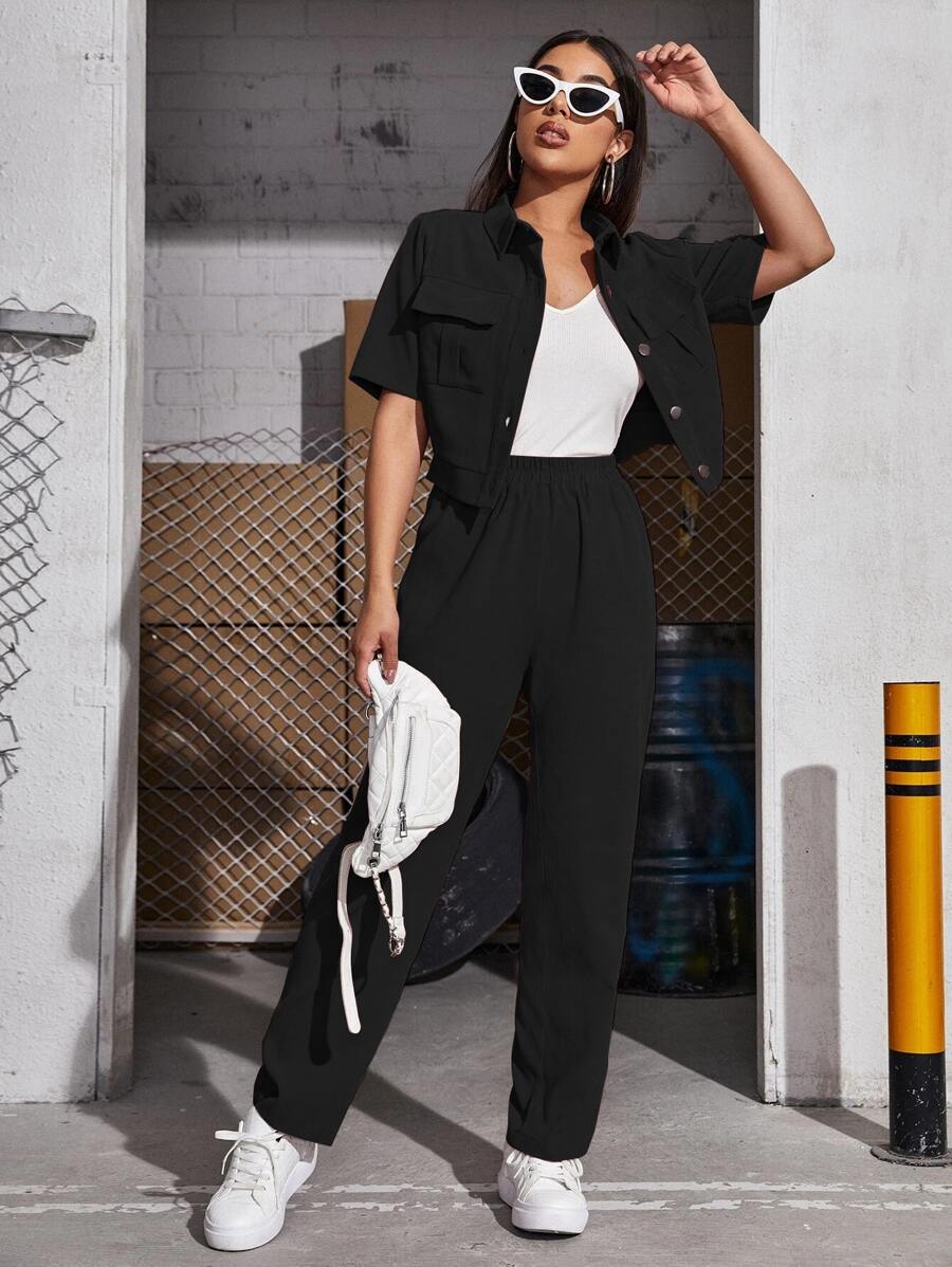 Seusyu Corduroy Flap Pocket Blouse & Pants - Black - View 1