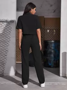 Seusyu Corduroy Flap Pocket Blouse & Pants - Black - View 2