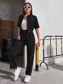 Seusyu Corduroy Flap Pocket Blouse & Pants - Black - View 3