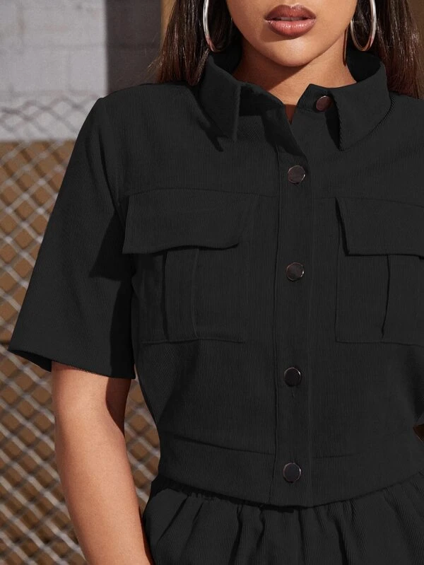 Shein Corduroy Flap Pocket Blouse \u0026 Trousers, M Black Suit Type Plain 18-24Y Casual Pocket,Button Front Jackets