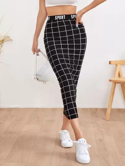 Mulvari Letter Waist Grid Pencil Skirt
