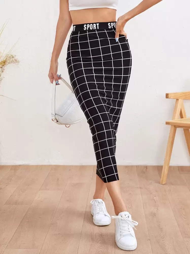 Mulvari Letter Waist Grid Pencil Skirt - Black - View 1