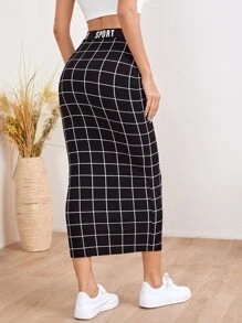 Mulvari Letter Waist Grid Pencil Skirt - Black - View 2