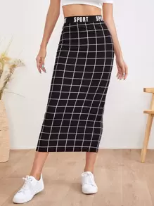 Mulvari Letter Waist Grid Pencil Skirt - Black - View 3