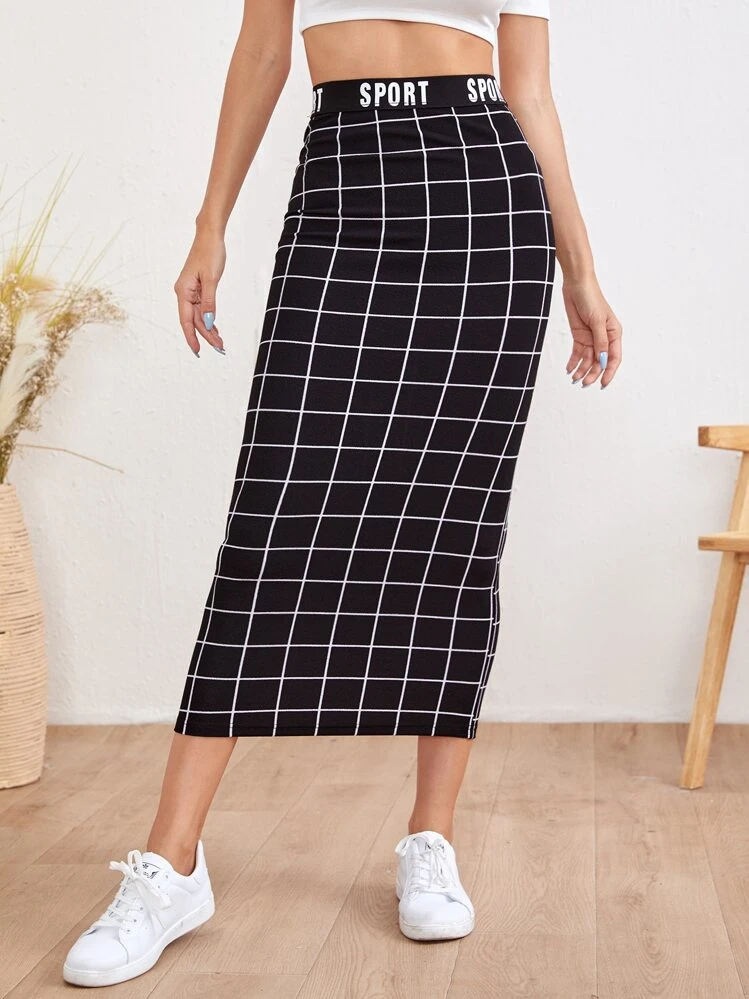 Mulvari Letter Waist Grid Pencil Skirt - Black - View 3