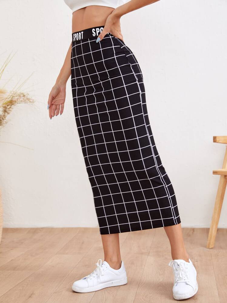 Mulvari Letter Waist Grid Pencil Skirt - Black - View 4