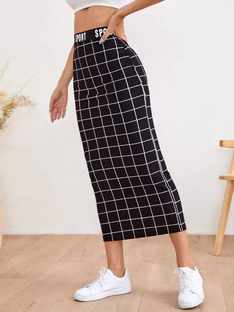 Mulvari Letter Waist Grid Pencil Skirt - Black - View 4