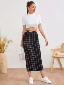 Mulvari Letter Waist Grid Pencil Skirt - Black - View 5