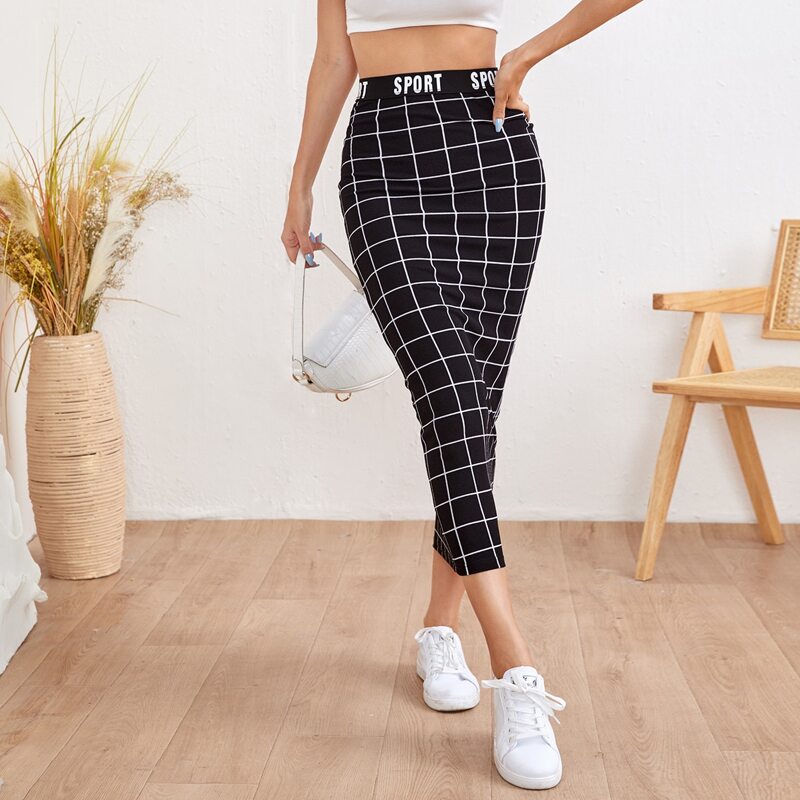 

Letter Waist Grid Pencil Skirt, Black