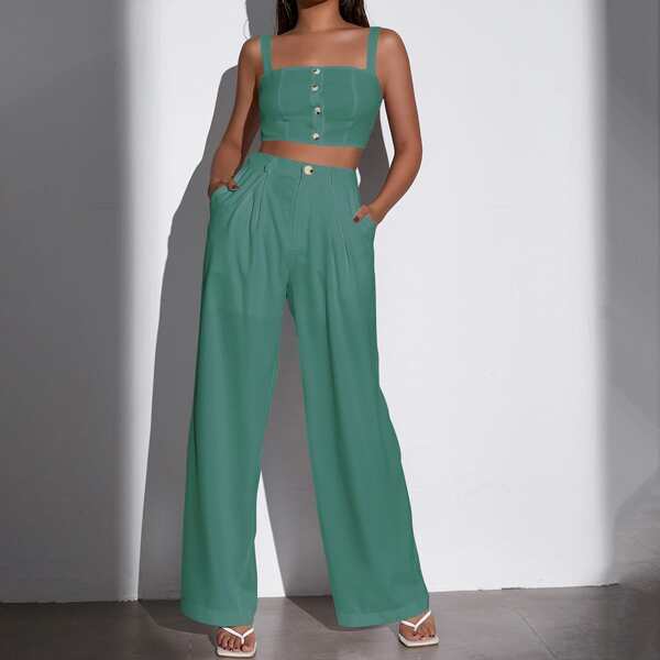 

Single Breasted Crop Cami Top & Wide Leg Pants Set, Green